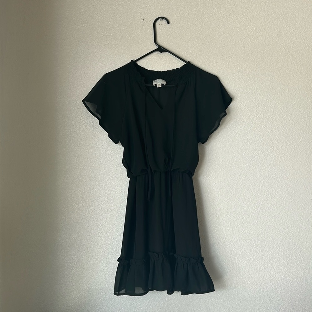 Black V Neck Ruffle Dress Women XS